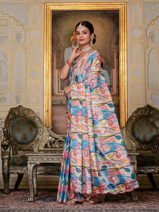 Multicolor Chinon Digital Print with Mirror Saree with Blouse