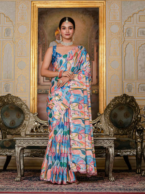 Multicolor Chinon Digital Print with Mirror Saree with Blouse