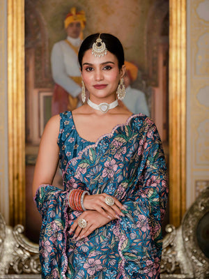 Morpich Chinon Digital Print with Mirror Saree with Blouse