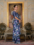 Navy Blue Chinon Digital Print with Mirror Saree with Blouse