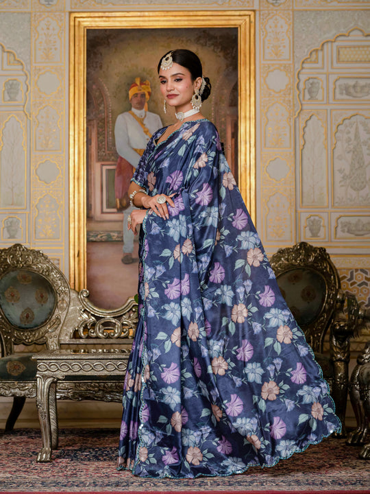 Navy Blue Chinon Digital Print with Mirror Saree with Blouse