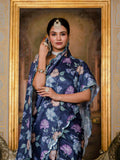 Navy Blue Chinon Digital Print with Mirror Saree with Blouse