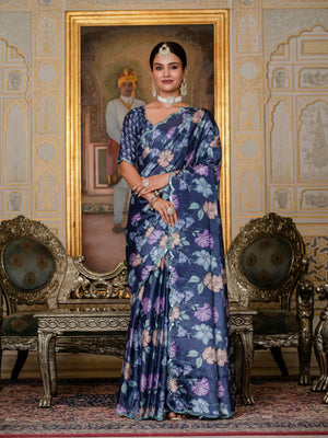 Navy Blue Chinon Digital Print with Mirror Saree with Blouse