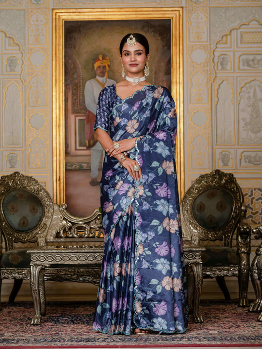 Navy Blue Chinon Digital Print with Mirror Saree with Blouse