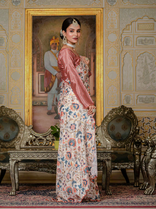 Multicolor Chinon Digital Print with Mirror Saree with Blouse