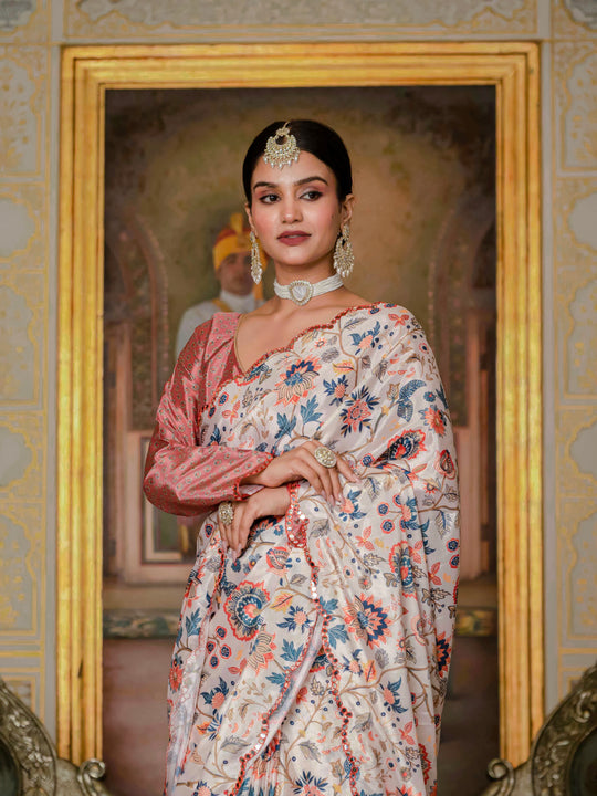 Multicolor Chinon Digital Print with Mirror Saree with Blouse