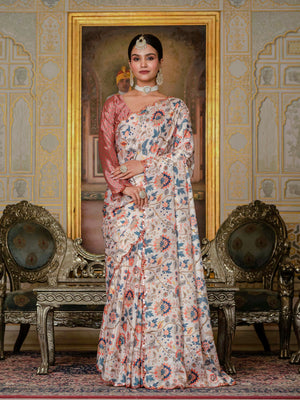 Multicolor Chinon Digital Print with Mirror Saree with Blouse