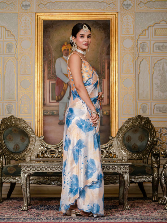 Blue Chinon Digital Print with Mirror Saree with Blouse