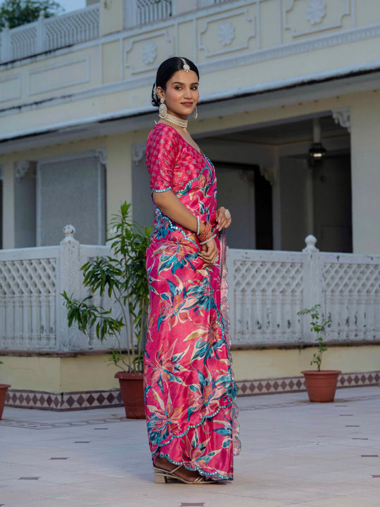 Rani Pink Chinon Digital Print with Mirror Saree with Blouse