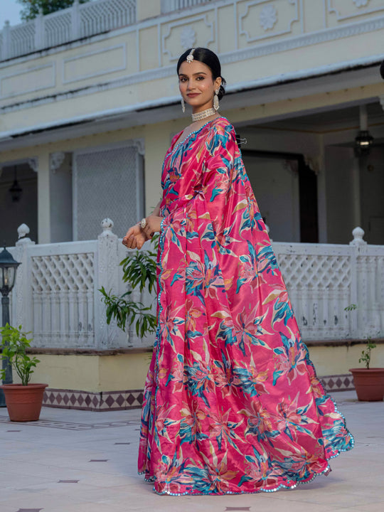 Rani Pink Chinon Digital Print with Mirror Saree with Blouse