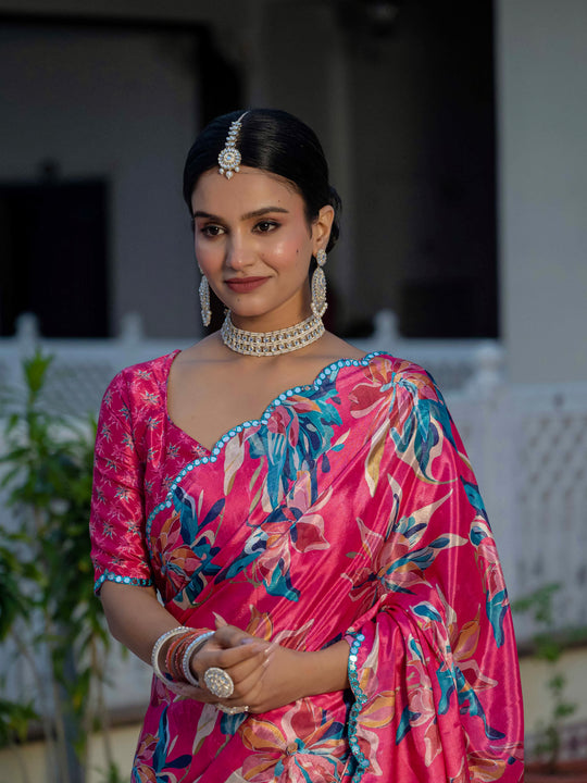 Rani Pink Chinon Digital Print with Mirror Saree with Blouse