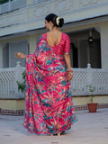 Rani Pink Chinon Digital Print with Mirror Saree with Blouse