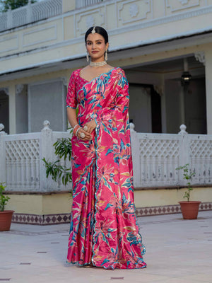 Rani Pink Chinon Digital Print with Mirror Saree with Blouse