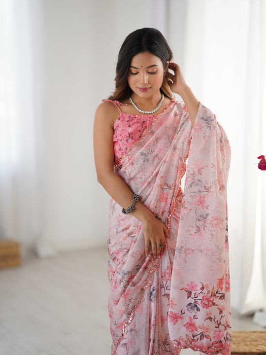 Pink Chinon Digital Printed Designer Saree with Blouse