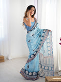 Sky Blue Chinon Digital Printed Designer Saree with Blouse