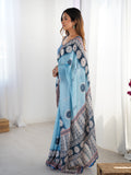 Sky Blue Chinon Digital Printed Designer Saree with Blouse