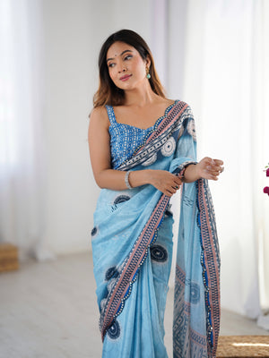 Sky Blue Chinon Digital Printed Designer Saree with Blouse