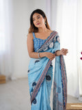 Sky Blue Chinon Digital Printed Designer Saree with Blouse