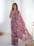 Multicolor Chinon Digital Printed Designer Saree with Blouse