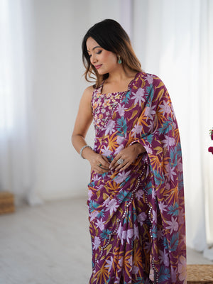 Multicolor Chinon Digital Printed Designer Saree with Blouse