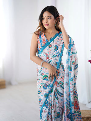 Multicolor Chinon Digital Printed Designer Saree with Blouse