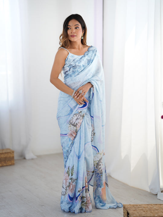 Sky Blue Chinon Digital Printed Designer Saree with Blouse