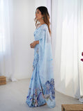 Sky Blue Chinon Digital Printed Designer Saree with Blouse