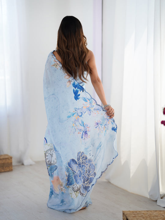 Sky Blue Chinon Digital Printed Designer Saree with Blouse