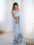 Sky Blue Chinon Digital Printed Designer Saree with Blouse