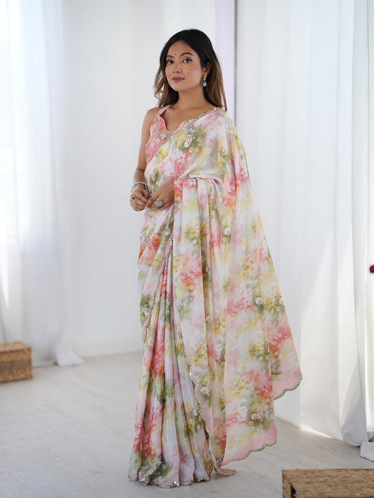 Multicolor Chinon Digital Printed Designer Saree with Blouse