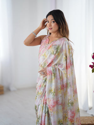 Multicolor Chinon Digital Printed Designer Saree with Blouse