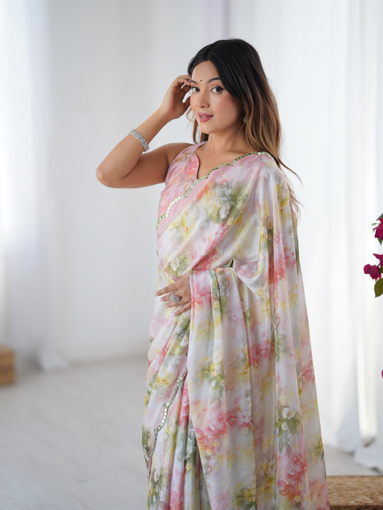 Multicolor Chinon Digital Printed Designer Saree with Blouse