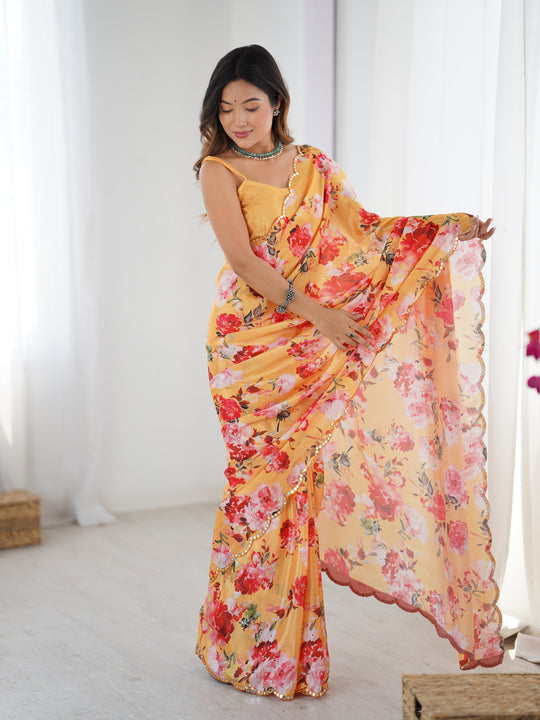 Yellow Chinon Digital Printed Designer Saree with Blouse