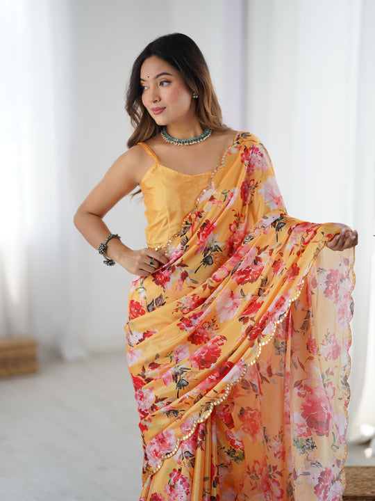 Yellow Chinon Digital Printed Designer Saree with Blouse