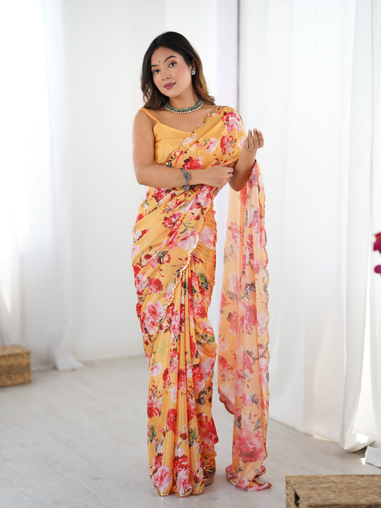 Yellow Chinon Digital Printed Designer Saree with Blouse