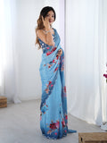 Sky Blue Chinon Digital Printed Designer Saree with Blouse