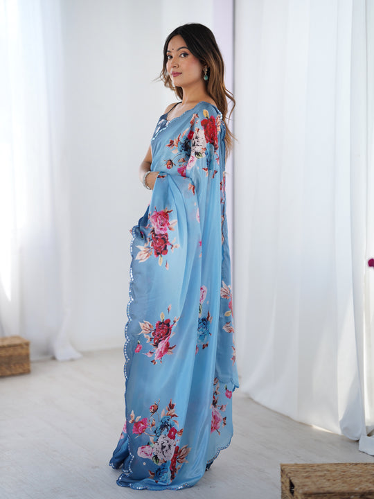 Sky Blue Chinon Digital Printed Designer Saree with Blouse
