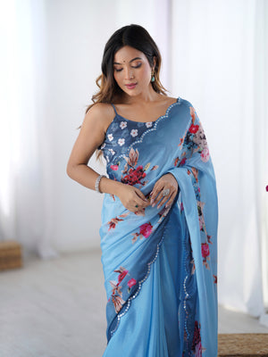 Sky Blue Chinon Digital Printed Designer Saree with Blouse