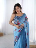 Sky Blue Chinon Digital Printed Designer Saree with Blouse