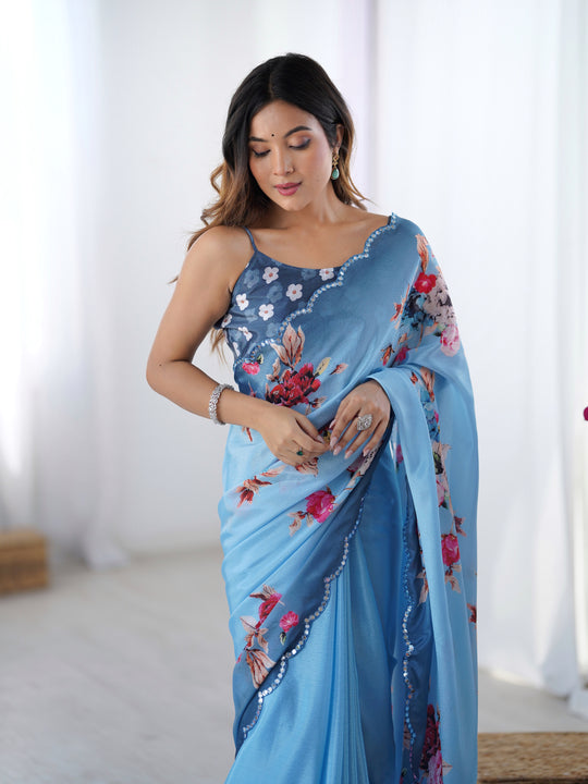 Sky Blue Chinon Digital Printed Designer Saree with Blouse