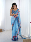 Sky Blue Chinon Digital Printed Designer Saree with Blouse