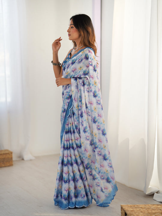 Blue Chinon Digital Printed Designer Saree with Blouse