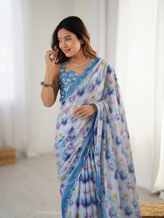Blue Chinon Digital Printed Designer Saree with Blouse