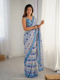 Blue Chinon Digital Printed Designer Saree with Blouse