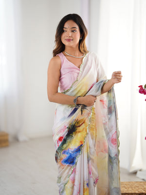 Multicolor Chinon Digital Printed Designer Saree with Blouse