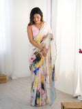 Multicolor Chinon Digital Printed Designer Saree with Blouse