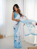 Sky Blue Chinon Digital Printed Designer Saree with Blouse