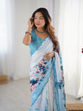 Sky Blue Chinon Digital Printed Designer Saree with Blouse