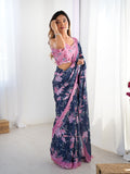Navy Blue Chinon Digital Printed Designer Saree with Blouse