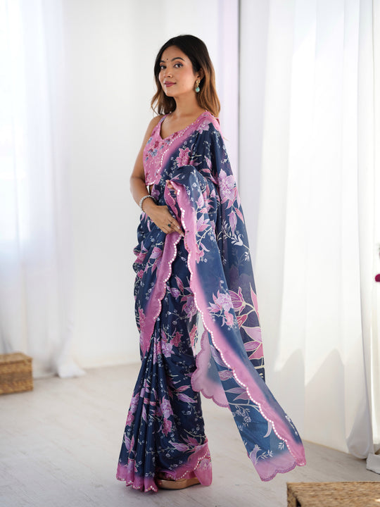 Navy Blue Chinon Digital Printed Designer Saree with Blouse